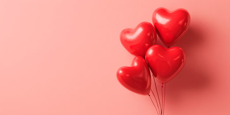 Bunch of red balloons with hearts on them. The balloons are tied together. The balloons are red and the background is pinkの素材