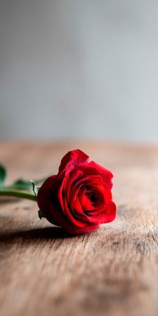 Red rose is on a wooden table. The rose is in the center of the image. The table is brown in colorの素材
