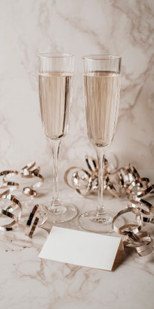 Two champagne glasses with a white card in between them. The card has the word "Happy" written on itの素材