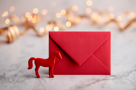 Red envelope with a horse figurine on top of it. The horse is red and has a black maneの素材
