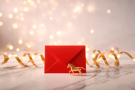 Red envelope with a gold horse on it. The envelope is sitting on a marble counterの素材