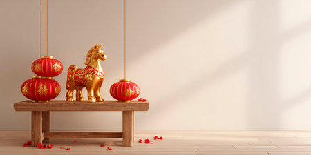 Wooden bench with a gold horse figurine and red lanterns on it. The horse statue is on the left side of the benchの素材