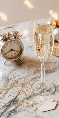 Champagne glass with gold glitter on it sits on a table next to a clock. There is a blank tag and golden confetti.の素材