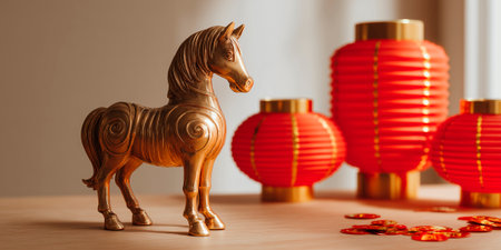 Gold horse statue is on a table next to a red lantern. There are also two other red lanterns on the tableの素材