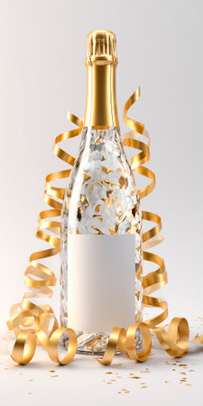 Champagne bottle with a blank label and golden accents, decorated and surrounded by shimmering gold streamers on a clean white background.の素材