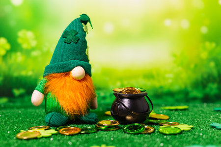 St. Patrick's plush toy next to a cauldron with green and golden coins over grassの写真素材