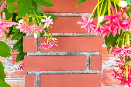 Beautiful background of closeup red brown brick wall with green pink flowers on sides. With copy space ideal for use in the design or wallpaperの写真素材