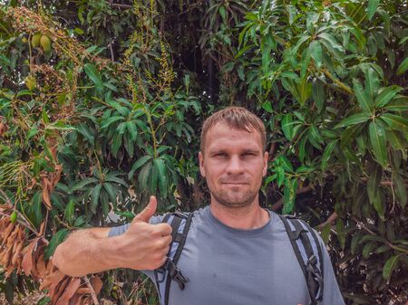 A beautiful young caucasian man in a gray shirt with a backpack near green Mango tree. Travel concept with copy spaceの写真素材