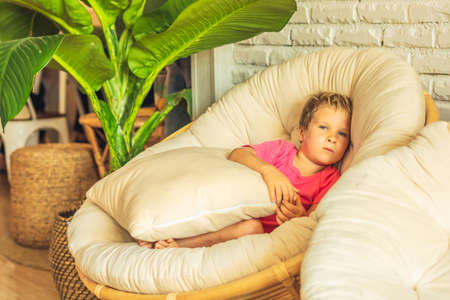 Blond pouting offended upset or scare boy in pink tshirt tucked knees sit under pillow in a round fashionable chair in living room in a house indoor. Family relationship, childhood problems behaviourの写真素材