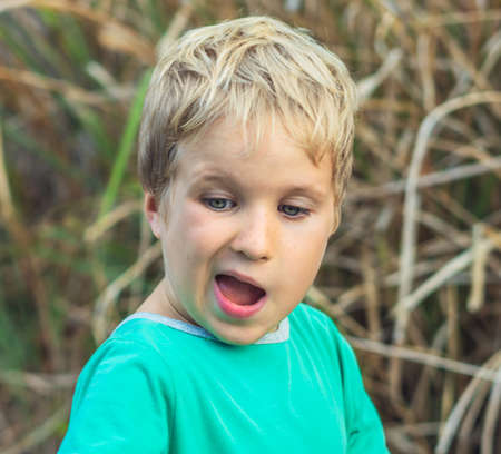 Funny mischievous cute blond boy with freckles face opened his mouth in surprise, artistic emotions and gesturing. Behaviour education problems, simple joys of happy childhood, people conceptの写真素材
