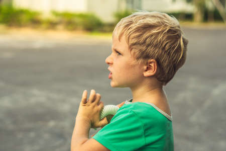 Side portrait blond serious boy with freckles frowns wrinkles nose, artistic emotions facial expression gesturing. Family relationship, micro moments of childhood, compassion toward humanity, societyの写真素材