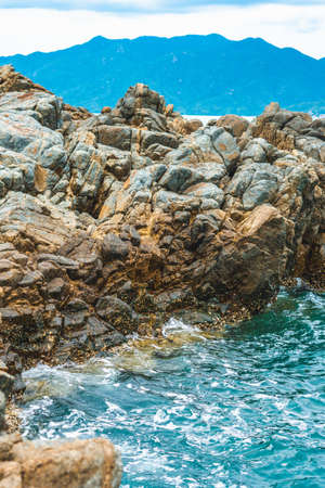 Beauty panorama pure blue lazure empty sea skyline, vivid brown gray rock shabby cliff, water...