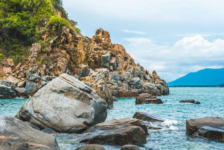 Beauty panorama pure blue lazure empty sea skyline, vivid brown gray rock shabby cliff, water...