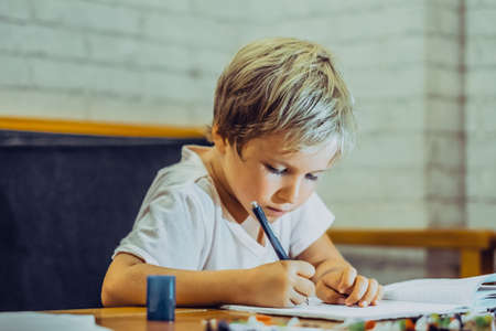 Portrait blond cute Preschool boy holding pen notebook look serious hard diligently diligently learn write, facial expressions gestures. Children behaviour education problems, home school conceptの写真素材