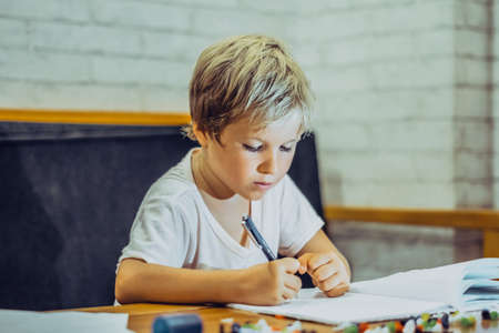 Portrait blond cute Preschool boy holding pen notebook look serious hard diligently diligently learn write, facial expressions gestures. Children behaviour education problems, home school conceptの写真素材