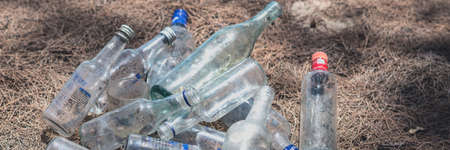 BANNER landfill old dirty transparent discarded empty glass alcohol drink bottles trash on ground forest nature sea park. Alcoholism addiction problem bad habits, ecology issues environment pollutionの写真素材