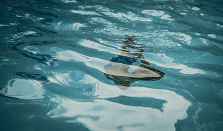 Abstract photo lifestyle, nature background. Unrecognizable person body deep under water, look at surface. Mystery mood. Concept of weightless, uncertain future, drown in obscurity, childhood issuesの写真素材