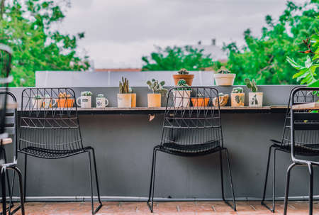 Real beauty nature background. Cozy veranda balcony terrace, metal chair furniture, cacti cactus in pot. Bright green tree open air view. Pale Grey tone photo. Cold summer day. Modern decor interiorの写真素材