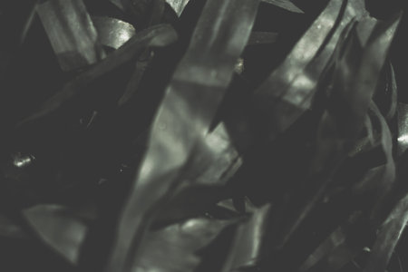 Abstract real photo beauty blur background. Bunch heap pile long narrow leave nature dry material rubbish stack. Copy space. Maze life confusion concept. Dark light tone Black Pale Matte Vintageの写真素材
