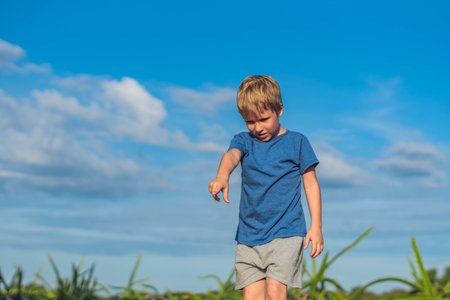 Front view Boy want jumping showing finger looking down, frozen motion. Clear blue sky sun day. Outdoor kid children summer leisure activities. Concept happy childhood care. Physical activity open airの写真素材