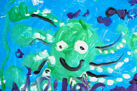 Photo of real draw painted by kindergarten preschool child. Watercolor gouache pencil mix colours. Concept art education class therapy, inspirational hobby. Green octopus smiles blue underwater worldの写真素材