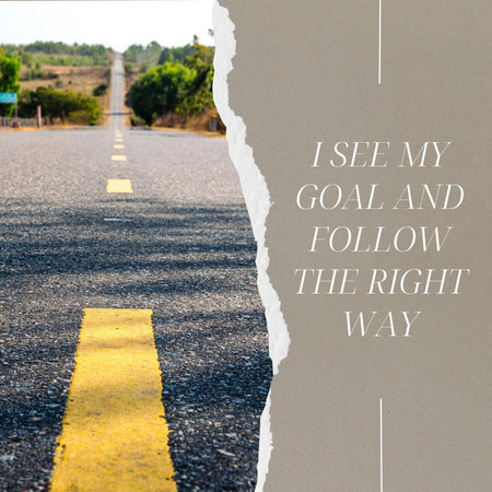 Affirmation about goal and right way. Never Stop Motivational quote. Text with beautiful view of empty asphalt road yellow line mountain natureの写真素材