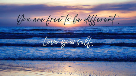 Affirmation photo You are free to be different Love yourself sunset over the sea horizon orange sky clouds dark sea water edge sandの写真素材