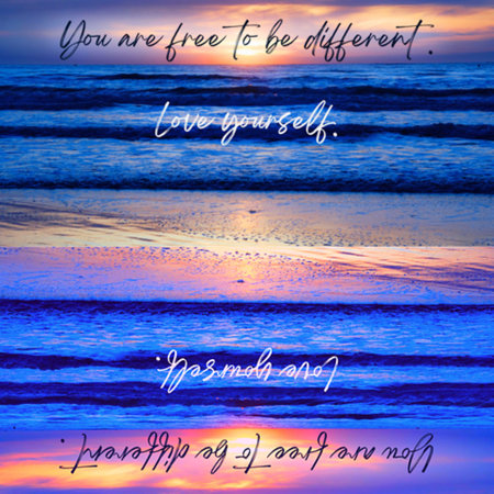 Affirmation photo You are free to be different Love yourself sunset over the sea horizon orange sky clouds dark sea water edge sandの写真素材