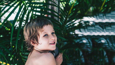 Portrait boy. Happy childhood, sincere emotions, joy of life, family educationの写真素材