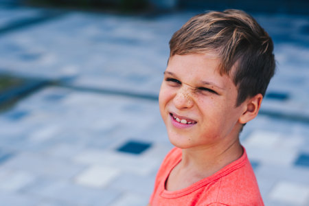 Portrait boy. Happy childhood, sincere emotions, joy of life, family educationの写真素材