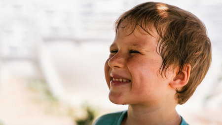 Portrait boy. Happy childhood, sincere emotions, joy of life, family educationの写真素材