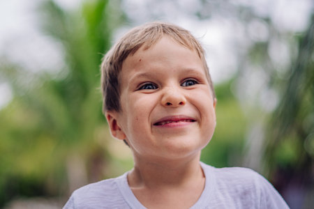 Portrait boy. Happy childhood, sincere emotions, joy of life, family educationの写真素材
