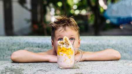 Portrait boy. Happy childhood, sincere emotions, joy of life, family educationの写真素材