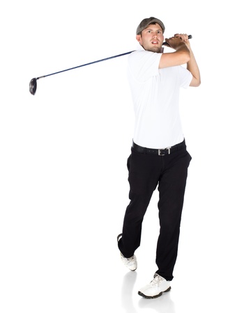 Handsome young professional golf player wearing a white shirt and black pants. He is holding and swinging a golf club and looking out.の写真素材