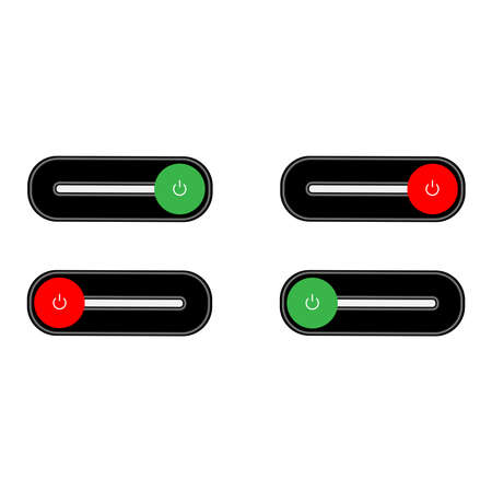 Set of 2 On Off push power buttons with dark grey background, The Off buttons are enclosed in red circle and the on buttons in green circle,のイラスト素材