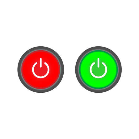 Set of 2 On Off push power buttons with dark grey background, The Off buttons are enclosed in red circle and the on buttons in green circle,のイラスト素材
