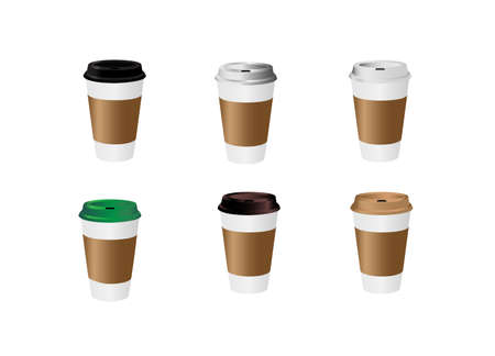 Takeaway Hot coffee cup, Can be any kind of hot drink like Hot green tea latte, Hot latte coffee or Cappuccino in white paper cup with multicolours lids and shadow in white backgroundのイラスト素材