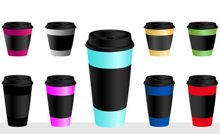 Takeaway Hot coffee cup, Can be any kind of hot drink like Hot green tea latte, Hot latte coffee or Cappuccino in white paper cup with multicolours lids and shadow in white backgroundのイラスト素材
