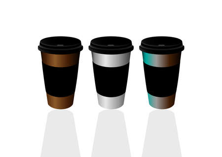 Takeaway Hot coffee cup, Can be any kind of hot drink like Hot green tea latte, Hot latte coffee or Cappuccino in white paper cup with multicolours lids and shadow in white backgroundのイラスト素材