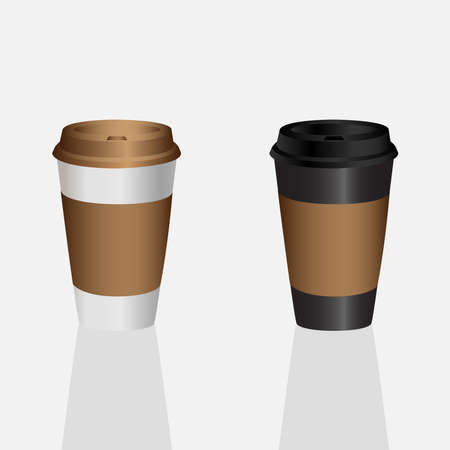 Takeaway Hot coffee cups, Can be any kind of hot drink like Hot green tea latte, Hot latte coffee or Cappuccino in white-grey and black paper cups with black and white lids and shadowのイラスト素材