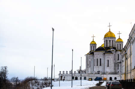 The evening skyline at Assumption Cathedral, or known as "Sobor Uspeniya Presvyatoy Bogoroditsy" is Dormition Cathedral, Vladimir, Russia, February 29,2020.のeditorial素材