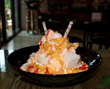 Sweet ice dessert,Thai tea with Bread, Thai called : Pang Yenの写真素材