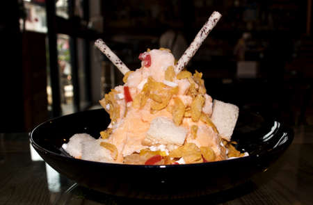 Sweet ice dessert,Thai tea with Bread, Thai called : Pang Yenの写真素材