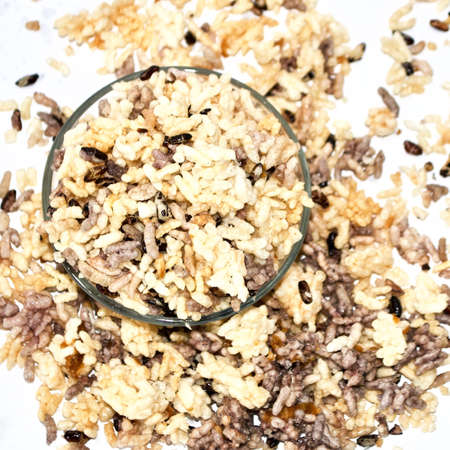 Rice Cracker, Traditional Thai food, Street snack in Thailand called : Nangled, Khaotan, made from streamed sticky rice and deep fried, rich flavour from palm sugar caramel topping (simmered sugar)の写真素材