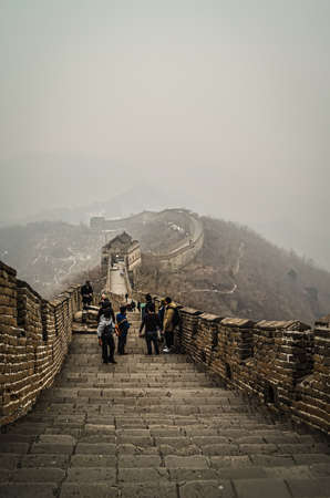 Foggy view in winter weather at The Great Wall "Mutianyu" in Beijing, China.のeditorial素材