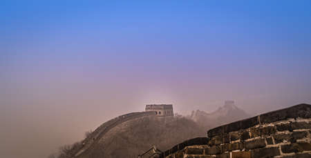 Foggy view in winter weather at The Great Wall "Mutianyu" in Beijing, China.の写真素材