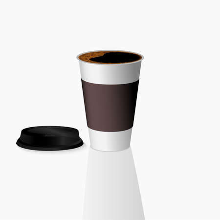 Takeaway Hot coffee cup, Can be any kind of hot drink like Hot green tea latte, Hot latte coffee or Cappuccino in white-grey paper cup with black lid and shadow in white backgroundのイラスト素材