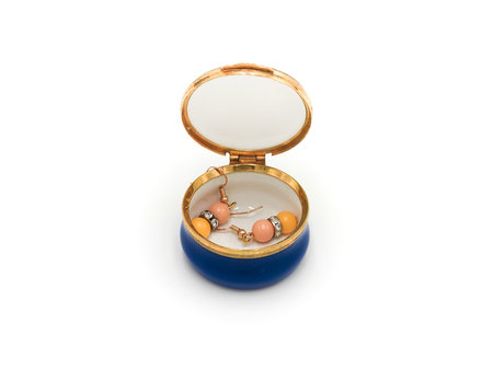 Rustic Vintage Round Jewelry Porcelain Decorative Floral Trinket Box in White Backgroundの写真素材