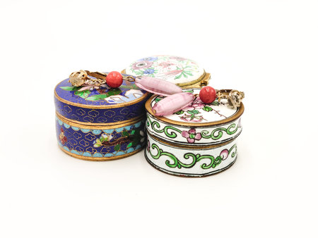 Rustic Vintage Round Jewelry Porcelain Decorative Floral Trinket Box in White Backgroundの写真素材