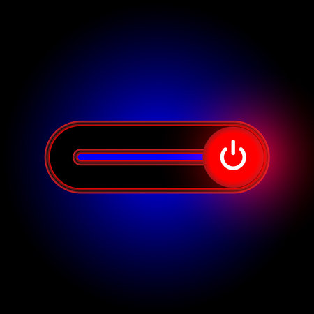 On Off switch toggle - slider style power buttons with shiny red neon light button round background, The Off buttons are enclosed in white and red circle in blue and red aura  and black backgroundのイラスト素材